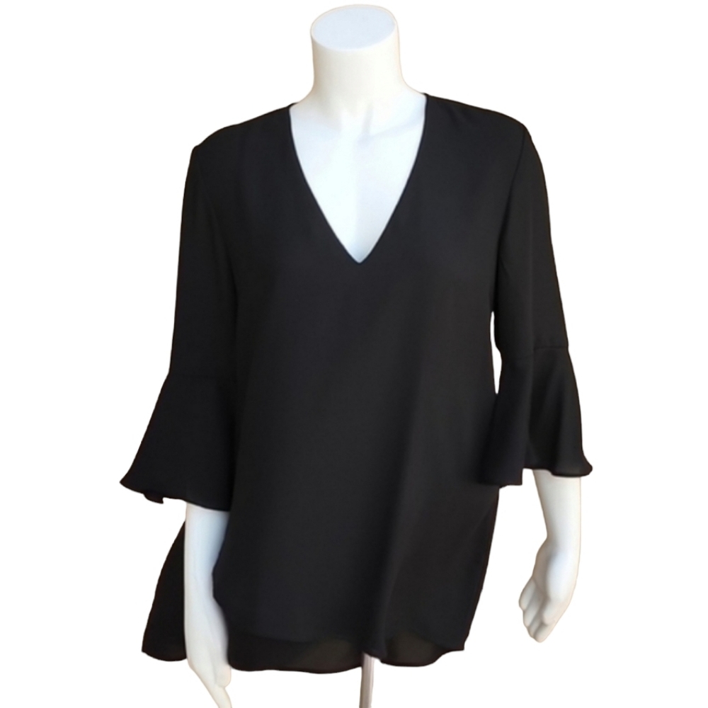 KAREN KANE Black Chiffon Blouse M Crossover Hem Ruffle Bell Sleeve Top - Picture 16 of 16
